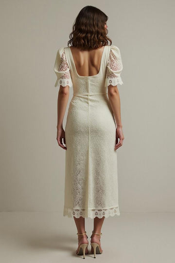 Apricot Sheath Lace Long Formal Dress with Short Sleeves